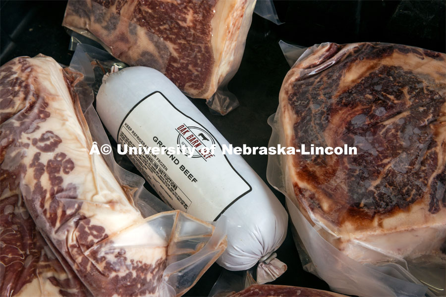 Packages of meat at Oak Barn Beef in Westpoint, Nebraska. Behind the scenes photo for the university's new "Home Again" national advertisement. June 27, 2024. Photo by Kristen Labadie / University Communication.   